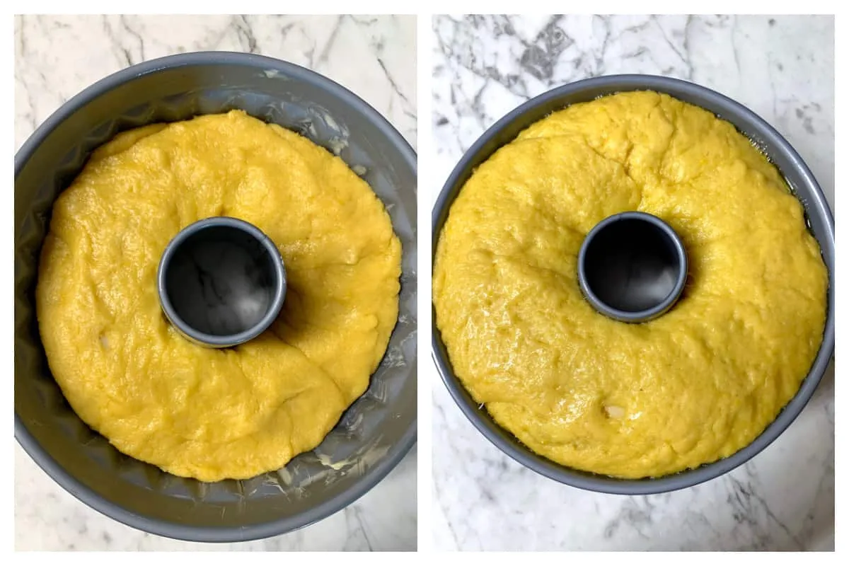 Gugelhupf-Teig in der traditionellen Form, beim zweiten Gehen lassen, um die perfekte Backstruktur zu entwickeln