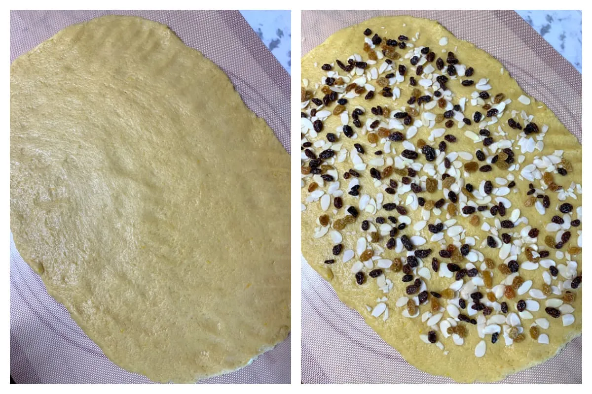 Gugelhupf-Teig mit Rumrosinen und Mandelsplittern bestreuen, bevor er gerollt wird