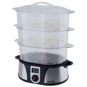 H. Koenig Dampfgarer: Modernes Gerät auf einer Küchenzeile, symbolisiert gesunde Ernährung und effizientes Kochen.