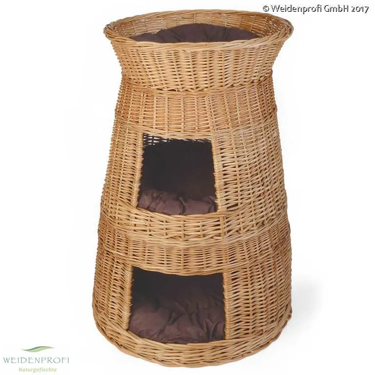 Handgeflochtener Weiden-Katzenturm mit zwei Höhlen und bequemer Liegefläche, inklusive weichem Kissen, ideal als gemütlicher Rückzugsort für Katzen.