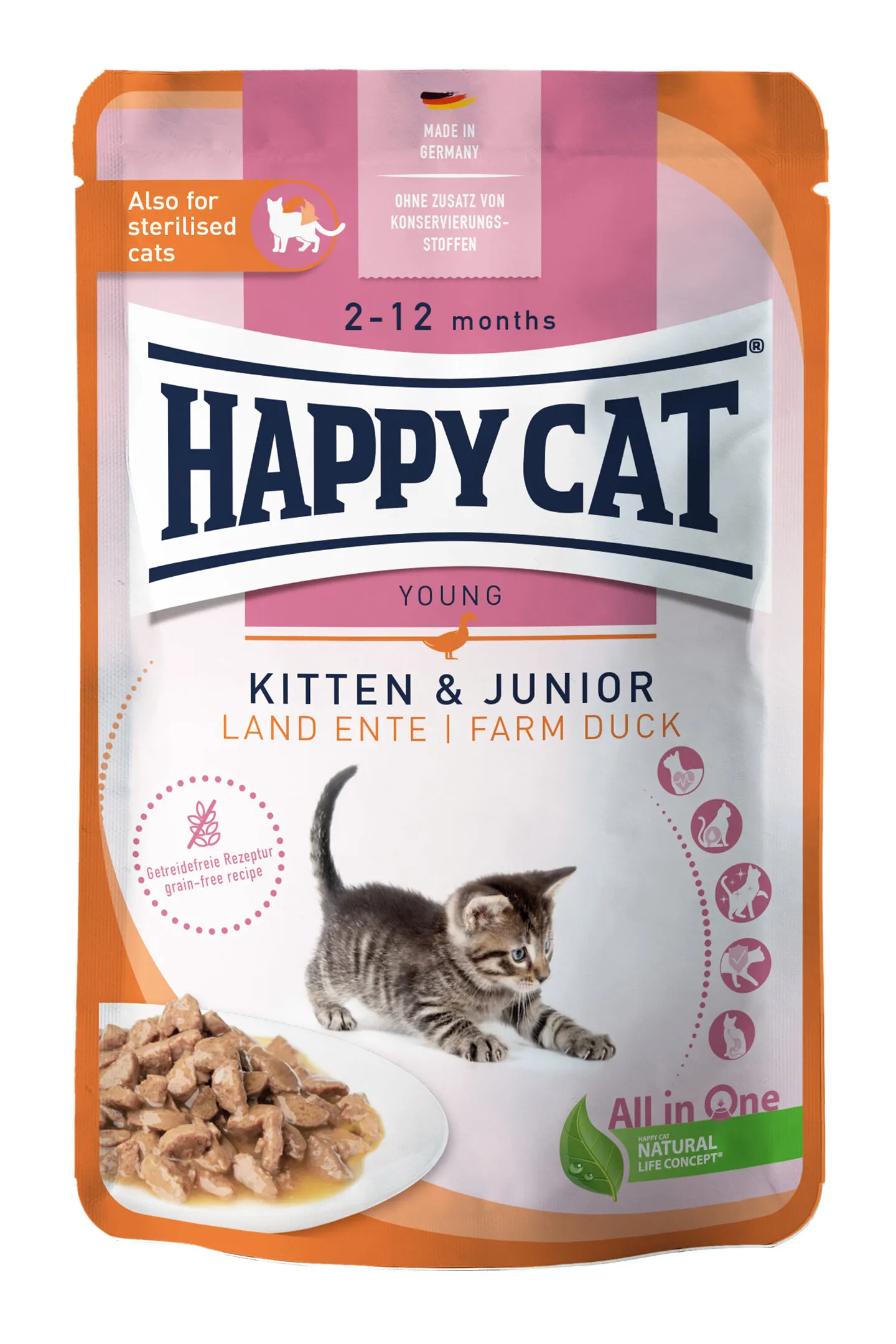 Happy Cat Nassfutter Kitten & Junior Land-Ente Verpackung Vorderseite
