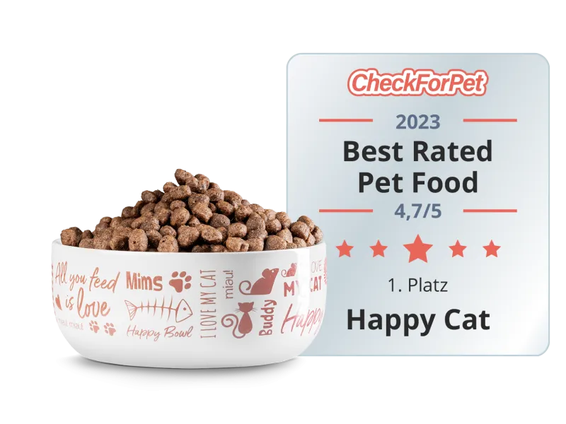 Happy Cat Trockenfutter im Napf mit CheckForPet Auszeichnung als bestes Katzenfutter 2023