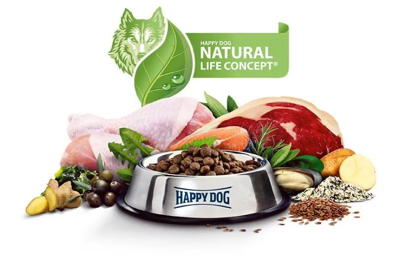 Happy Dog Natural Life Concept: Hundenapf mit Trockenfutter und frischen Naturzutaten für eine ganzheitliche Ernährung