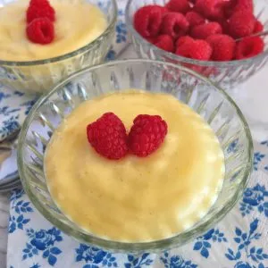 Hausgemachter deutscher Vanillepudding, serviert mit frischen Himbeeren