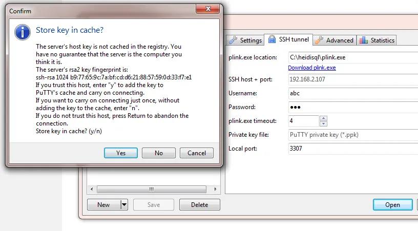 HeidiSQL Screenshot: Eine grafische Benutzeroberfläche zeigt die Einrichtung von SSH-Tunnel-Verbindungen zu MariaDB/MySQL-Servern, inklusive der Konfiguration mit plink.exe.