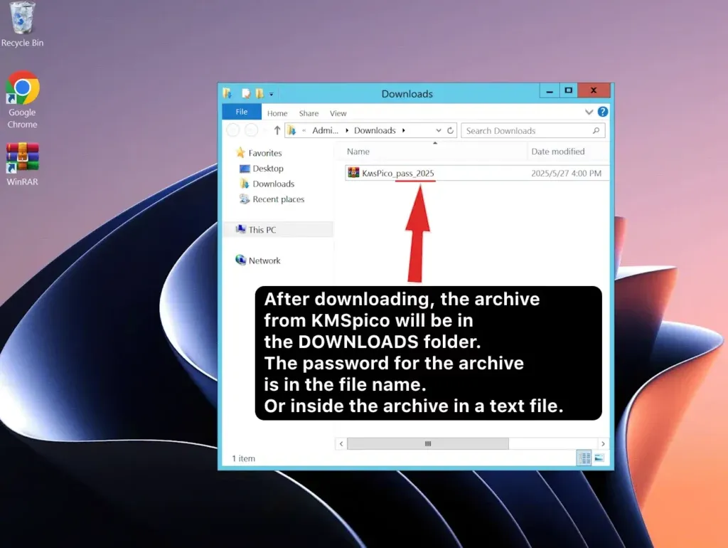 Heruntergeladenes KMSpico-Archiv im Downloads-Ordner mit Passwort im Dateinamen