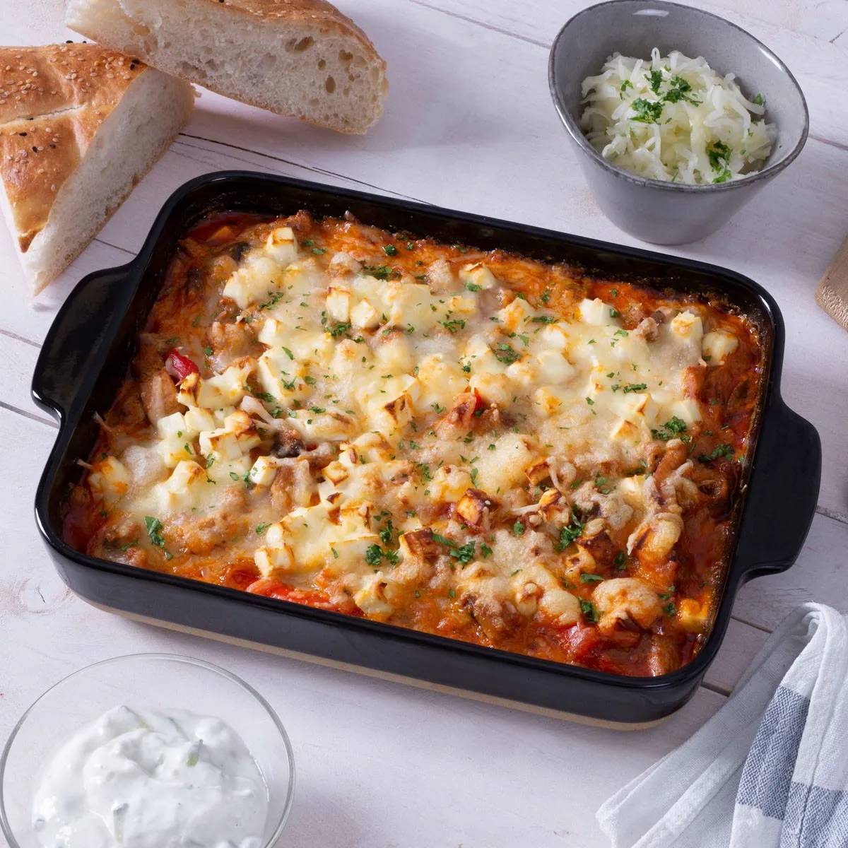 Herzhafter Gyros Auflauf mit Metaxasauce in einer Keramikform, bereit zum Servieren, ein beliebter Familienklassiker in Deutschland.