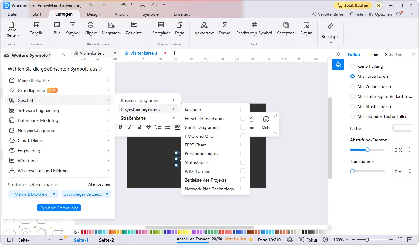 Hinzufügen von Symbolen und Schriftarten für Visitenkarten in EdrawMax