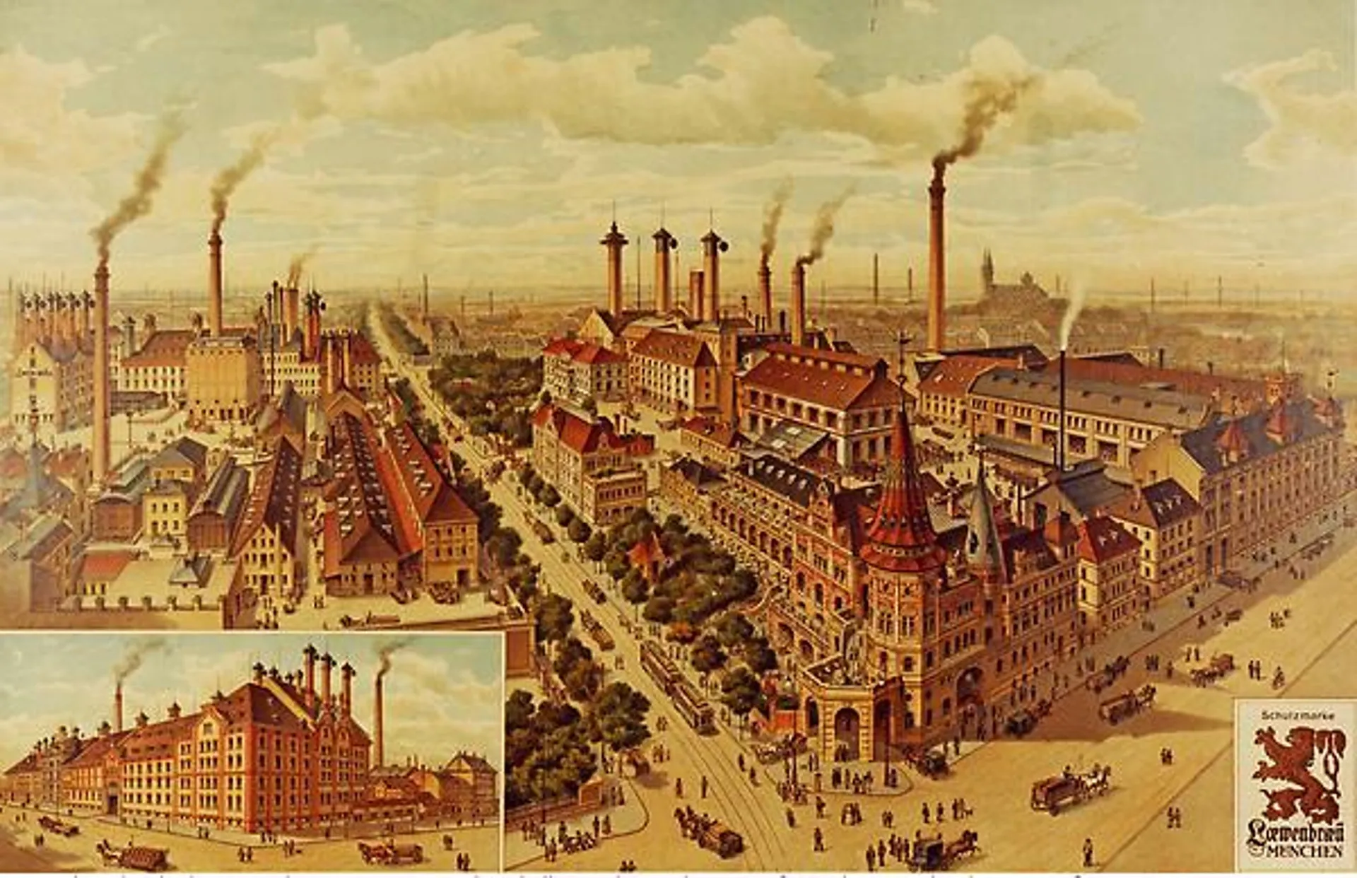 Historische Ansicht der Löwenbräu-Brauerei im Jahr 1891