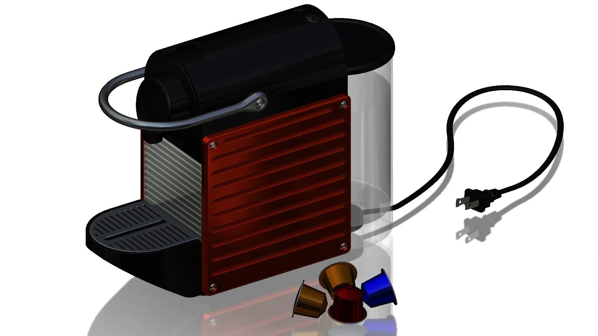 Hochauflösendes Bild eines Kaffeeautomaten, die einzelnen Schritte der Montage zeigend, erstellt mit SOLIDWORKS Composer für technische Schulungsunterlagen.
