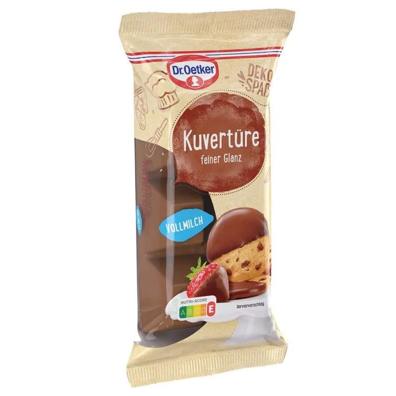 Hochwertige Vollmilchkuvertüre zum Schmelzen und Überziehen deutscher Kuchen und Desserts.