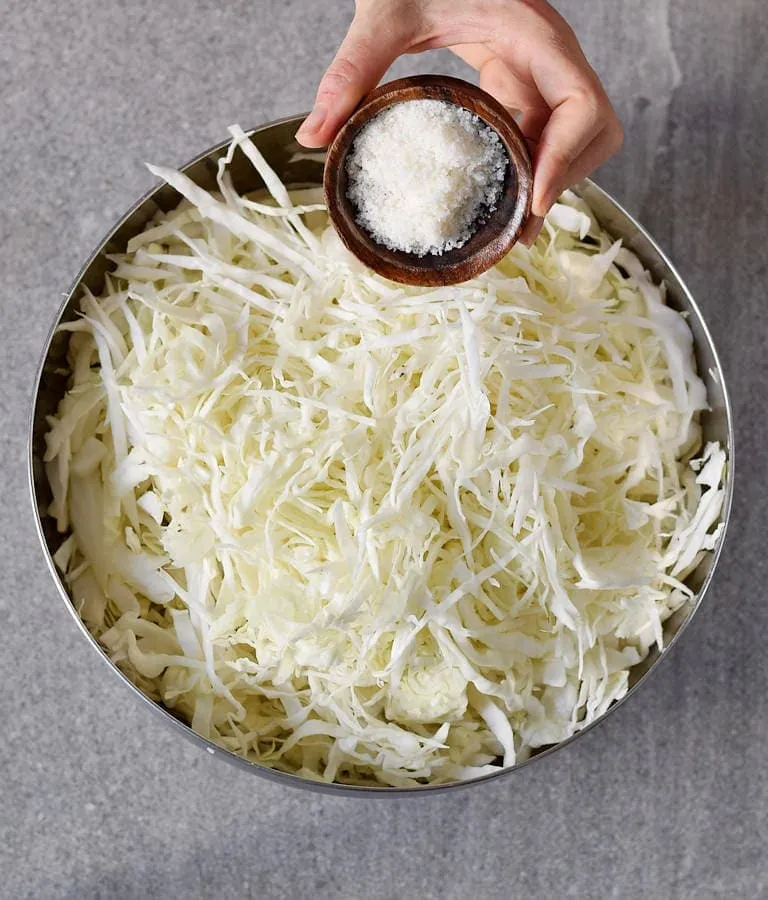 Hochwertiges Meersalz wird über fein geschnittenen Weißkohl in einer Schüssel gestreut, essenziell für die Milchsäuregärung von Sauerkraut.