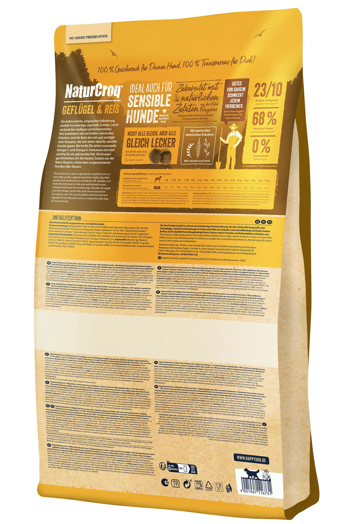 Hundetrockenfutter-Verpackung, Marke „NaturCroq“, Geschmacksrichtung „Geflügel &amp; Reis“, geeignet für sensible Hunde; enthält wertvolle Kräuter. www.happydog.de. Ideal auch für sensible Hunde.