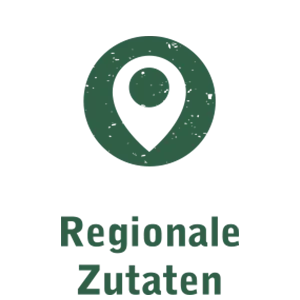 Icon mit Standort-Pin und Text „Regionale Zutaten“ – steht für Zutaten aus der Region.