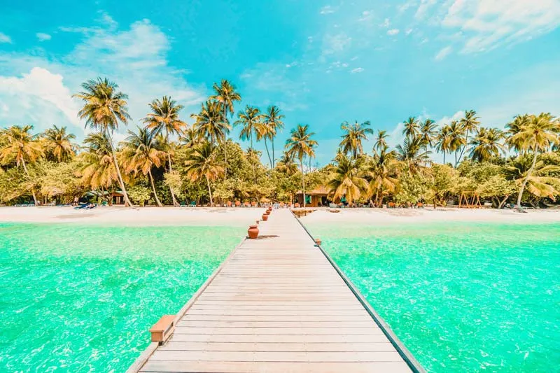 Idyllischer Strand auf den Malediven mit Palmen und türkisblauem Meer