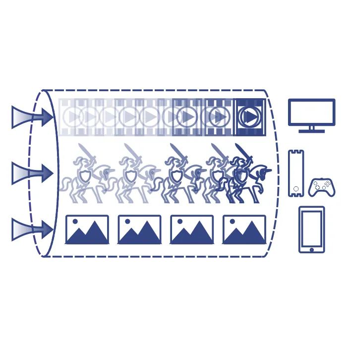 Illustration of a network tunnel with icons representing gaming, video, and images moving through the network, connecting to icons of a game console, monitor, and a cellphone.