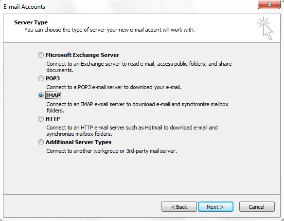 IMAP Servertyp wählen