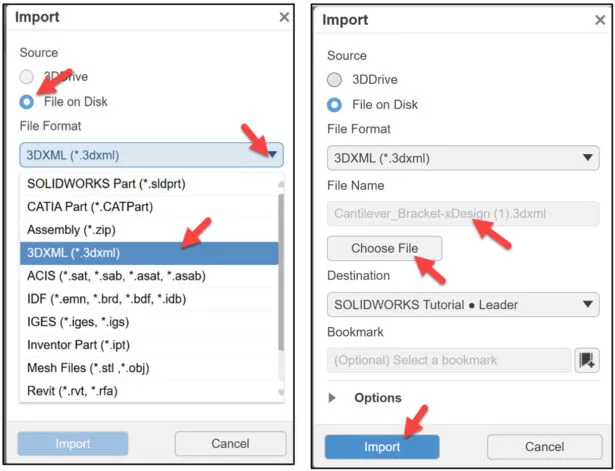 Importdialog in SOLIDWORKS xDesign, ausgewähltes Dateiformat 3DXML, für den Import von Cantilever_Bracket-xDesign.