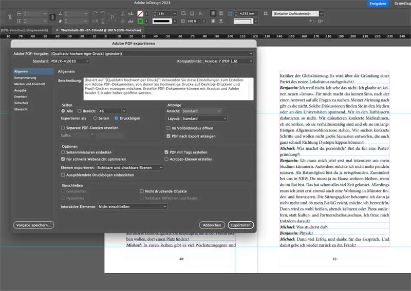 InDesign-Dialogfeld für den professionellen PDF-Export von Druckdaten