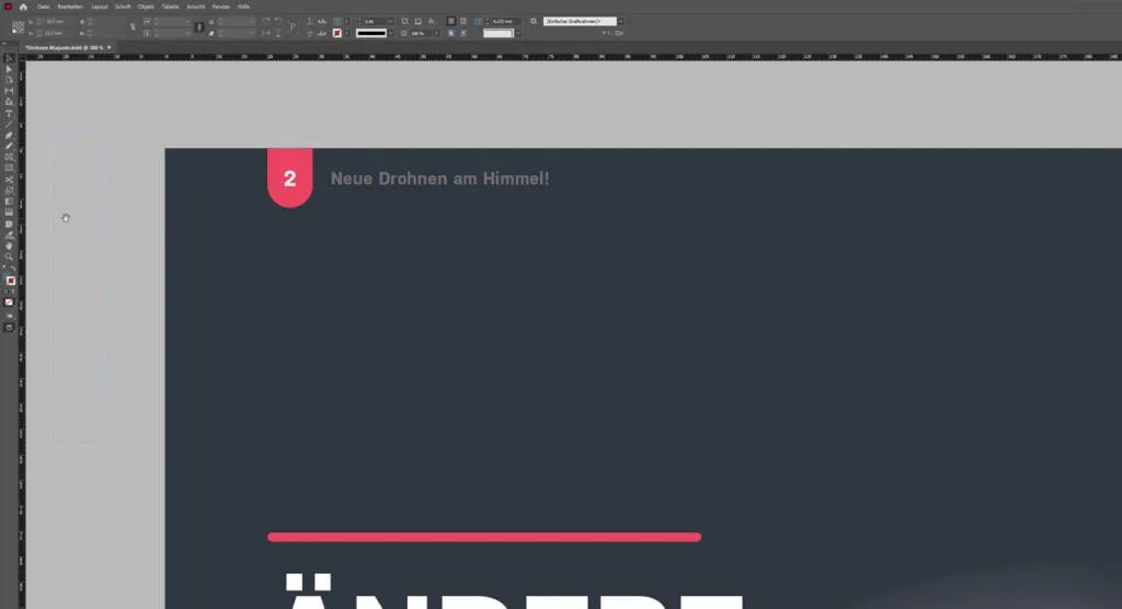 InDesign-Layout mit einer dunklen Hintergrundfarbe und hinzugefügten farbigen Akzenten in Rot für Paginierung und Linien. Dies schafft visuelles Gleichgewicht und Dynamik im Layout.