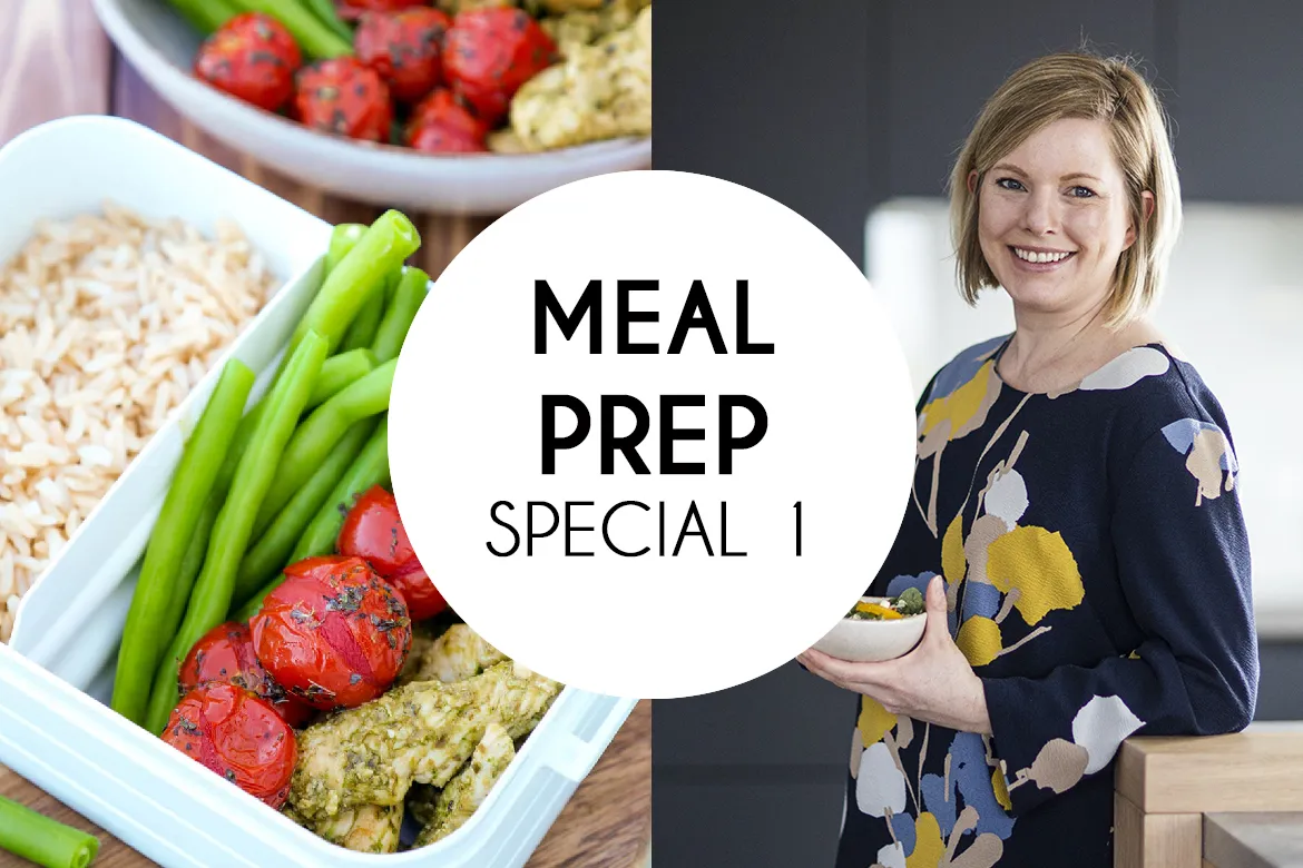 Infografik mit den Grundlagen des Meal Prepping und Empfehlungen für geeignete Lebensmittel zum Vorkochen.