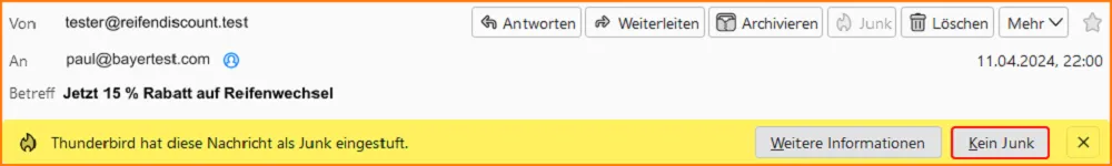 Infoleiste mit „Kein Junk“-Schaltfläche in Thunderbird für fälschlicherweise als Spam markierte E-Mails