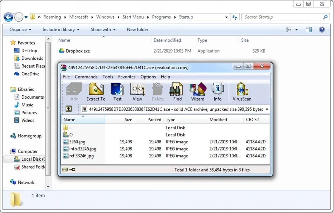 Inhalt der bösartigen ACE-Datei.