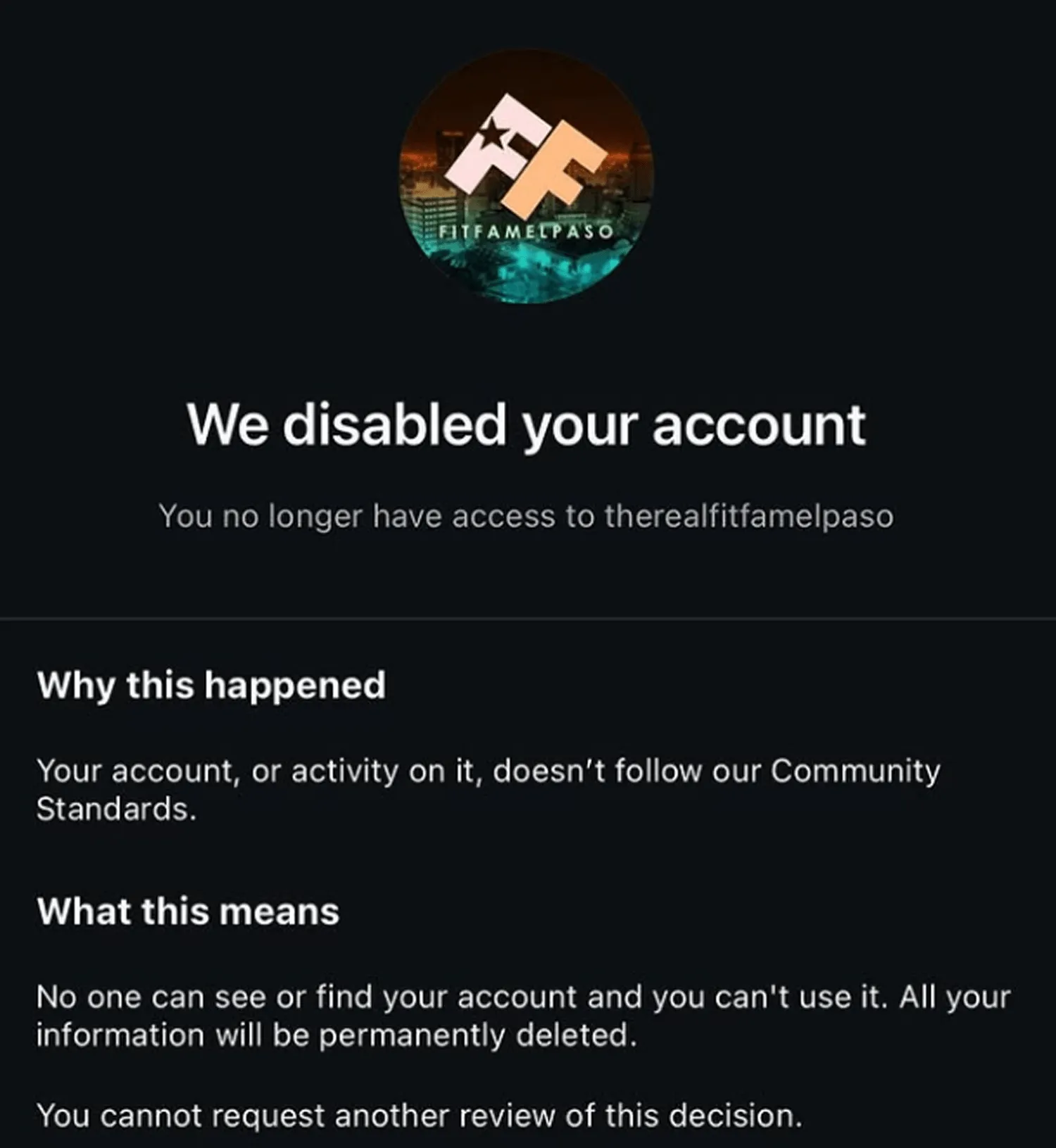 Instagram-Benachrichtigung über die dauerhafte Löschung des FitFam-Kontos