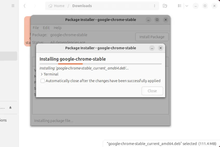 Installation des Google Chrome Pakets mit GDEBI läuft