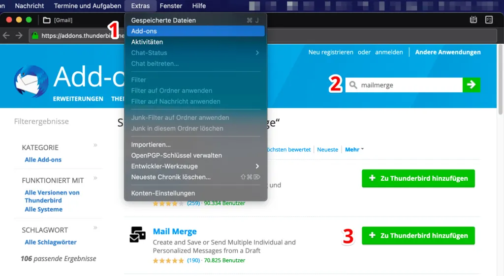 Installation des Mail Merge Add-ons in Thunderbird für den Serienmail-Versand
