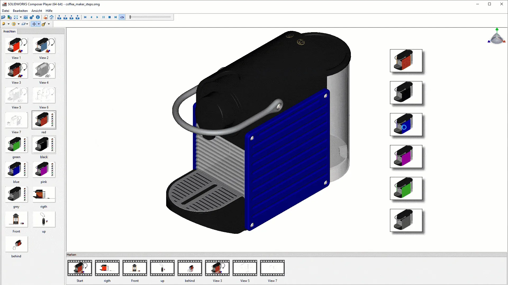 Interaktive Darstellung eines Kaffeebereiters mit dem SOLIDWORKS Composer Player, ideal für interaktive Produkt- und Wartungsschulungen.