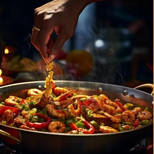 Jambalaya in großer Pfanne, die in einer Küche steht, während eine Hand die letzte Würze hinzufügt.