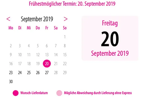 Kalenderansicht zur einfachen Auswahl des gewünschten Liefertermins für Torten