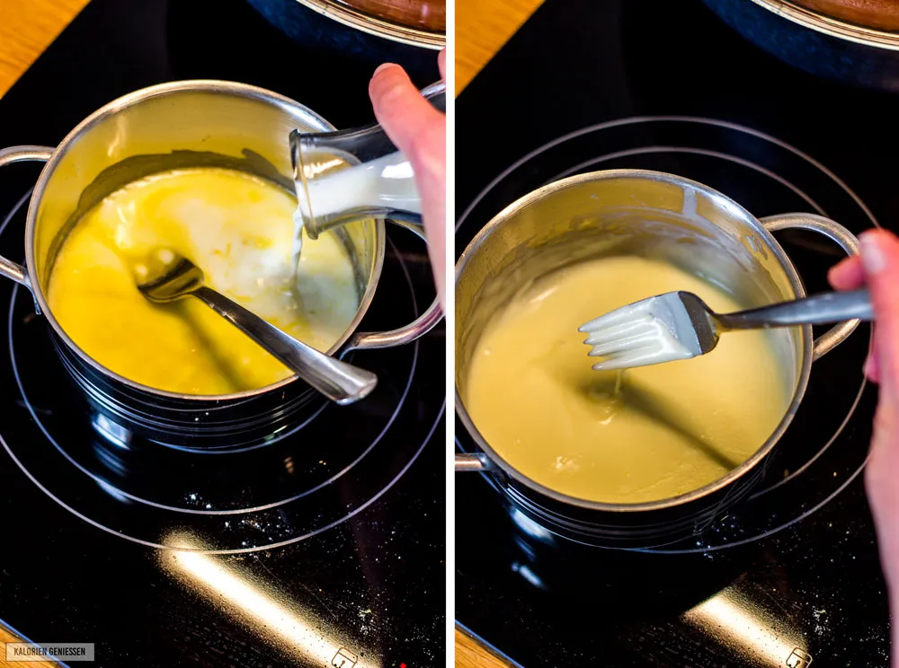 Kalte Milch wird zur Mehlschwitze gegeben und stetig gerührt, um eine cremige, kalorienarme Bechamel zu erhalten.