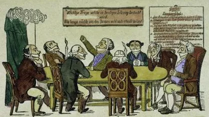 Karikatur zu den Karlsbader Beschlüssen. Menschen sitzen mit zugebundenen Mündern an einem Tisch, symbolisch für die eingeschränkte Meinungsfreiheit.