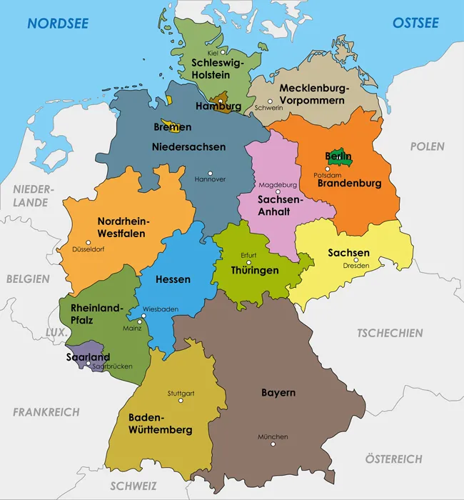 Karte der Bundesländer Deutschlands: Bayern, Sachsen, Thüringen, Hessen visuell dargestellt