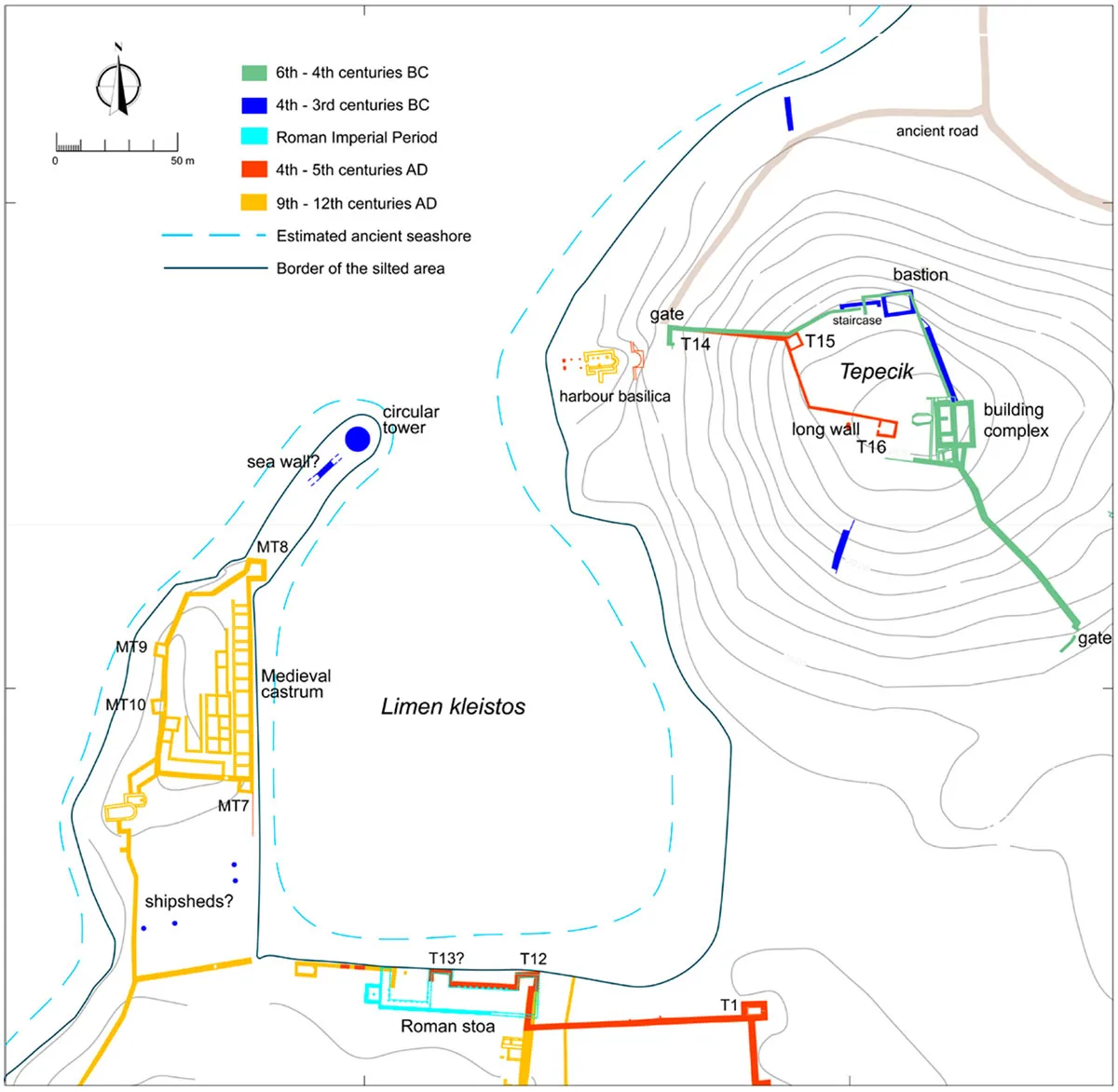 Karte der Siedlung auf dem Tepecik-Hügel und des inneren Hafens