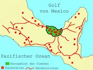 Karte des Hauptsiedlungsgebiets der Olmeken an der mexikanischen Golfküste, inklusive wichtiger archäologischer Fundstätten und Handelsrouten in Mesoamerika.
