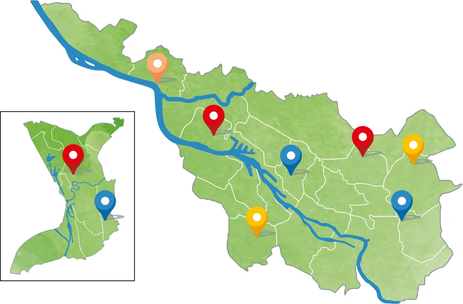 Karte von Bremen und Bremerhaven mit symbolischen Pins zur Markierung von basisgeförderten Einrichtungen