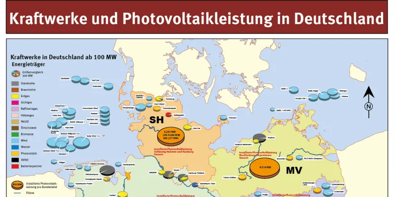 Karte von Kraftwerken und Photovoltaikleistung in Deutschland