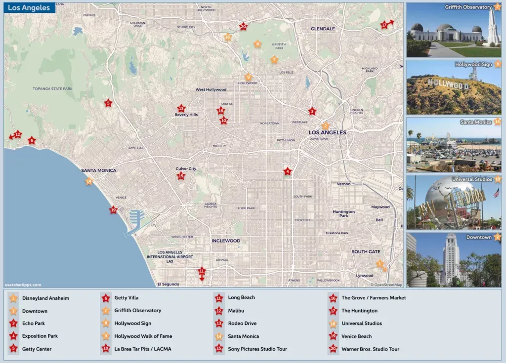 Karte von Los Angeles mit den Top-Sehenswürdigkeiten im Jahr 2025.