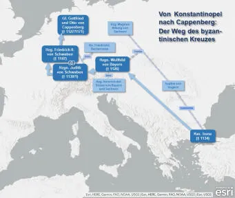 Karte zur Wanderung des Objektes verdeutlicht die komplexen Wege mittelalterlicher Artefakte.