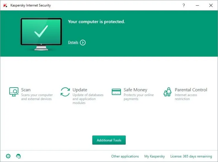 Kaspersky Internet Security 2016 Hauptfenster