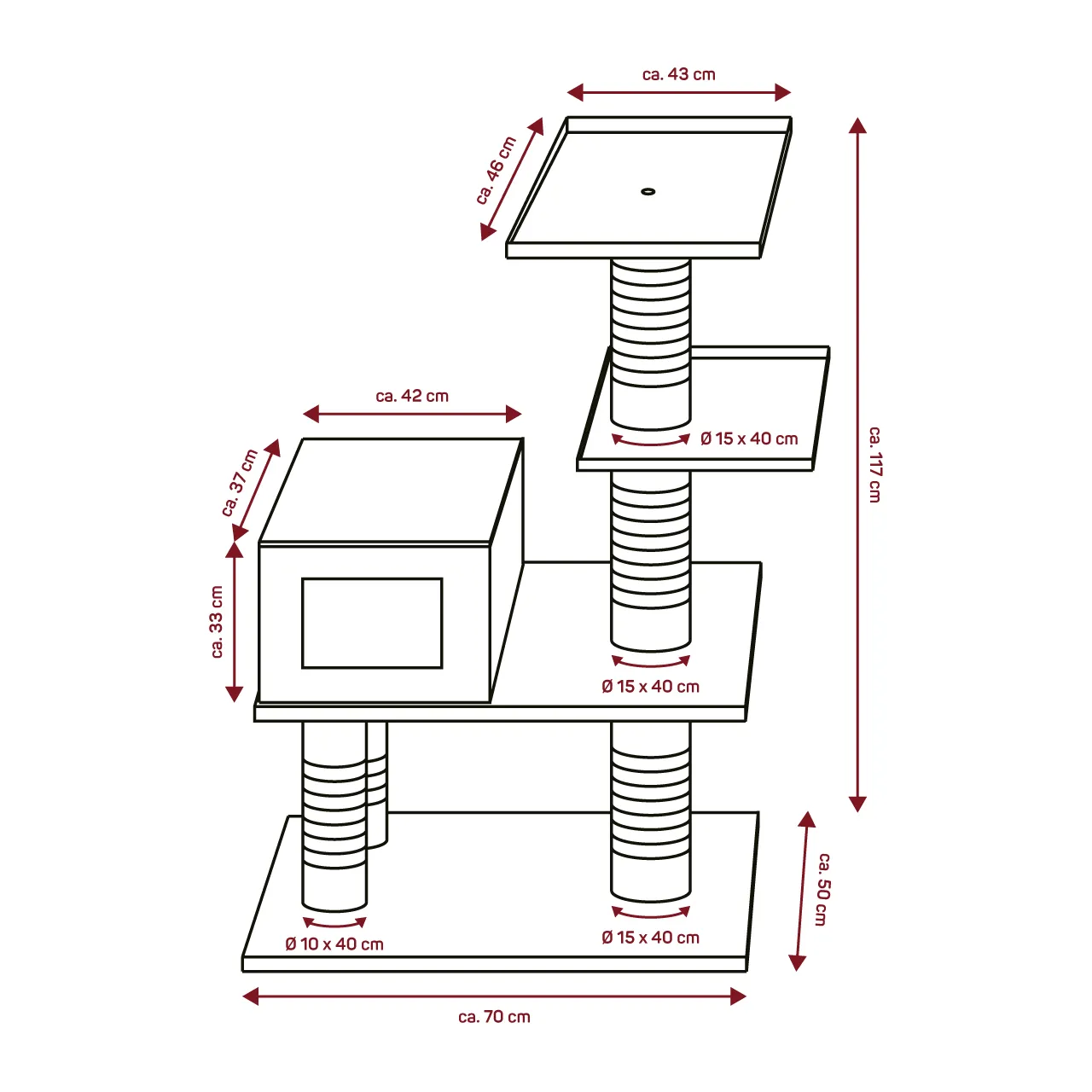 Katze entspannt auf einer Plattform des Outdoor Kratzbaums Woody