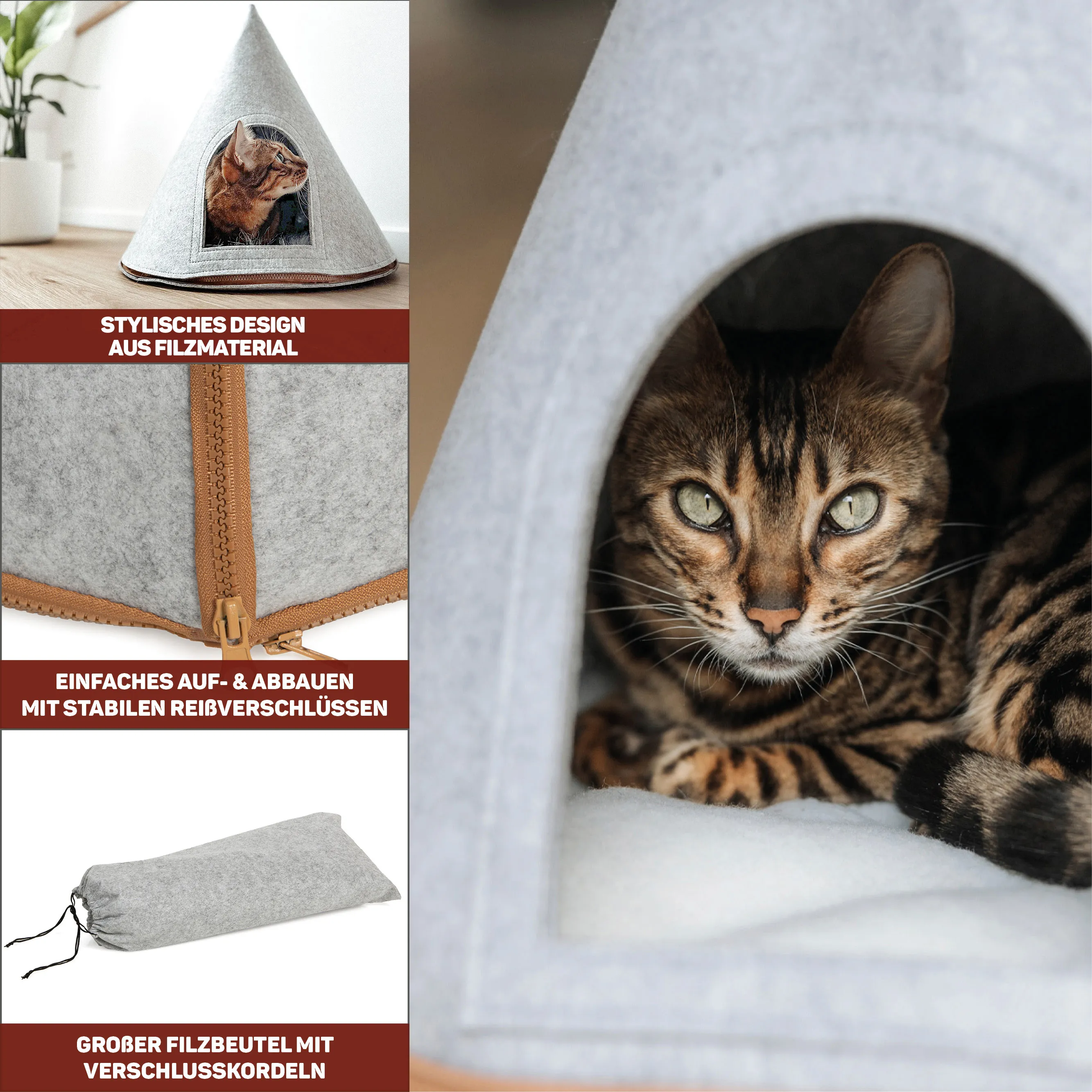 Katze entspannt im hellgrauen Filz-Katzenzelt Cone