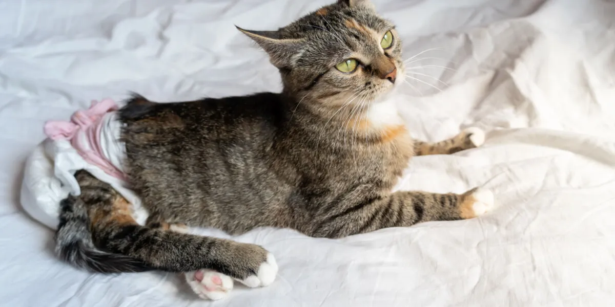 Katze mit Katzenwindel sitzt entspannt
