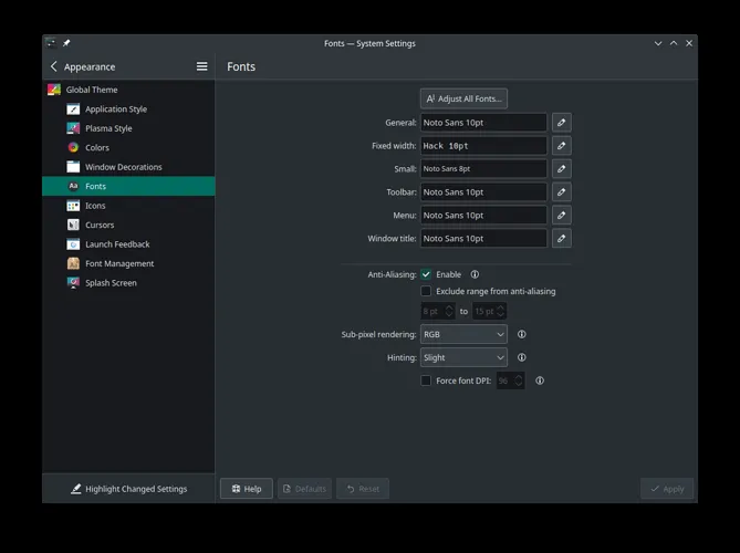 KDE Plasma Schriftglättungseinstellungen