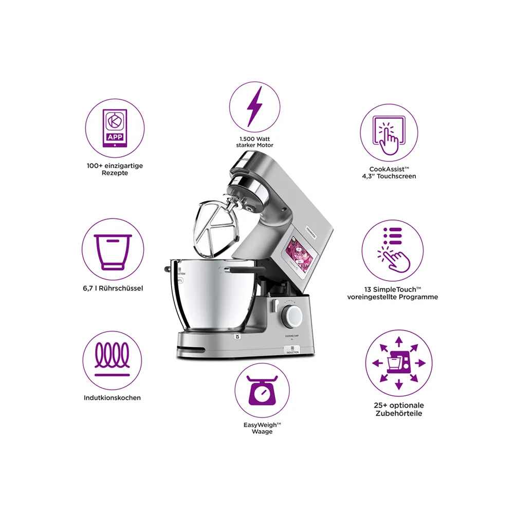Kenwood Cooking Chef XL: 1500 Watt Motor, 6,7 l Schüssel, Touchscreen, 13 Programme, Induktionskochen, EasyWeigh Waage, über 25 Zubehörteile.