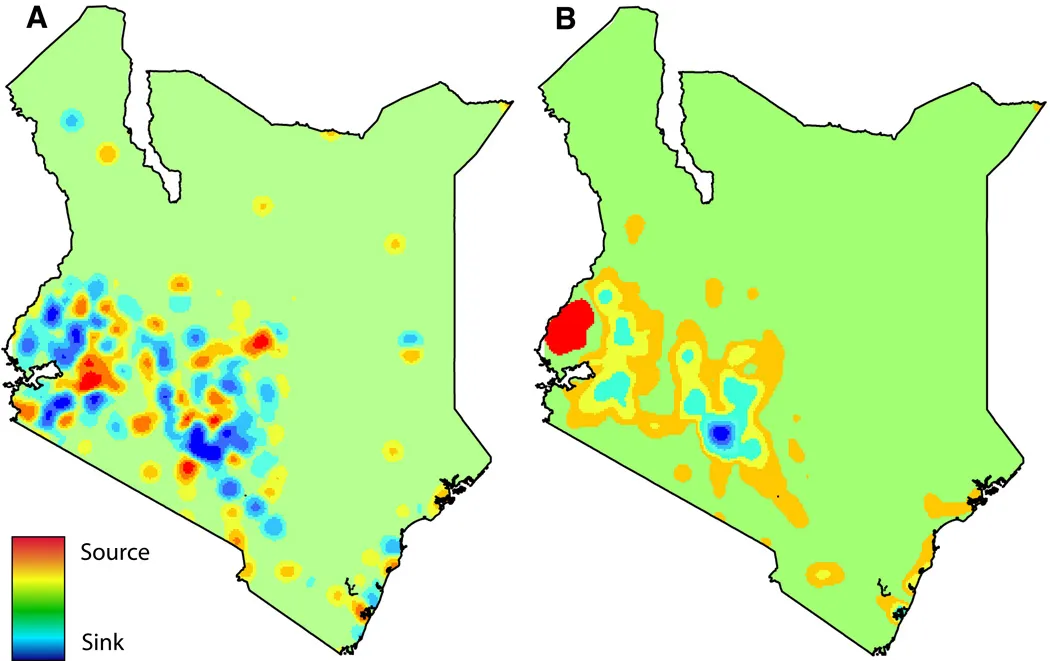 Kernel density maps showing ranked sources and sinks of human travel and total parasite movement in Kenya. A) Settlements were designated as primarily sources or sinks based on yearly estimates of human travel. The direction movement is shown highlighting principal sources (in red) versus principal sinks (in blue).