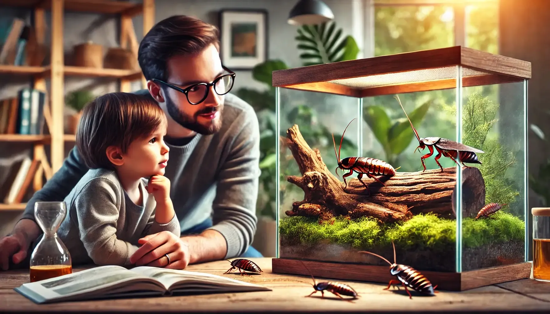 Kind hält vorsichtig eine Fauchschabe in der Hand und lernt über Insekten